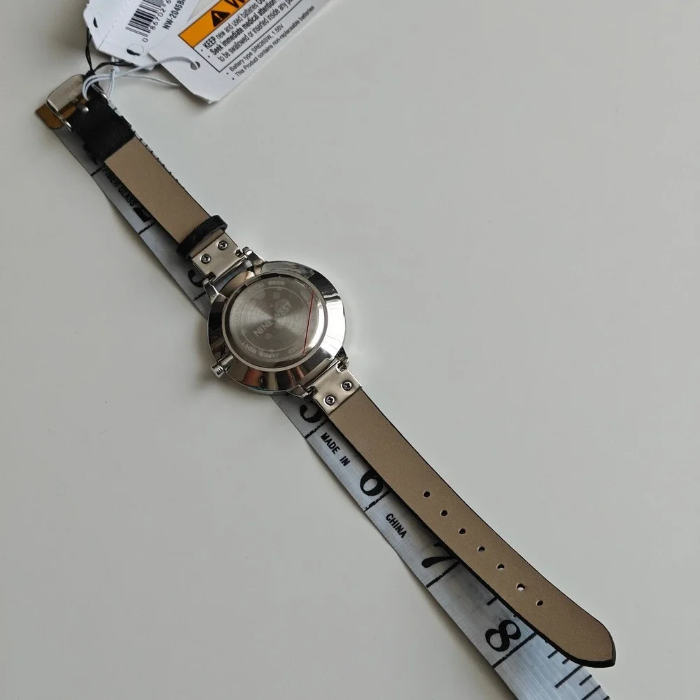 Nine West Womens Floral Dial Black Leather Strap Watch New Silver Tone‎ Steel